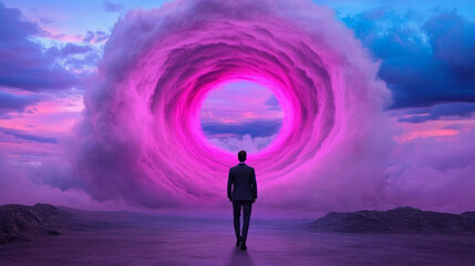 Fototapeta premium A cinematic angle with the man standing firmly, the background a swirling pastel sky, tying