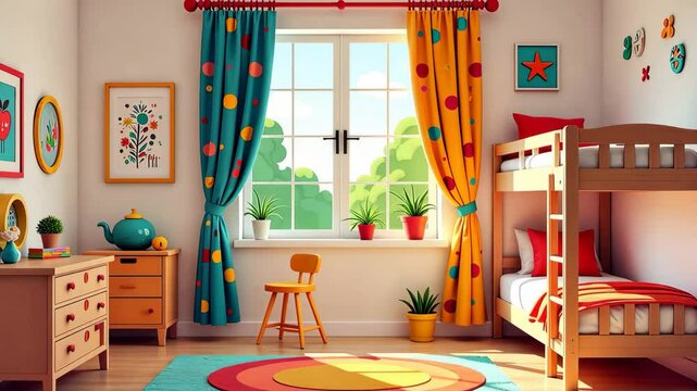 A bedroom with a bunk bed and a chair. The chair is yellow and the bed is brown