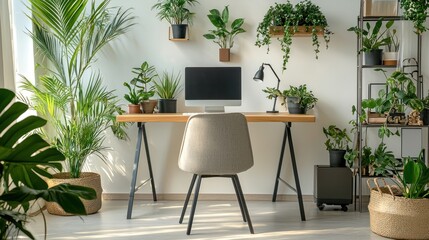 Obraz premium A clean and minimalistic workspace with a desk, chair, and plants arranged neatly, with a white background.