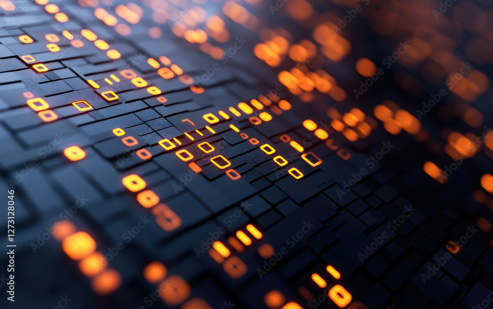 Aufkleber dynamic data streams flowing through cyber network, showcasing vibrant orange lights against dark ba