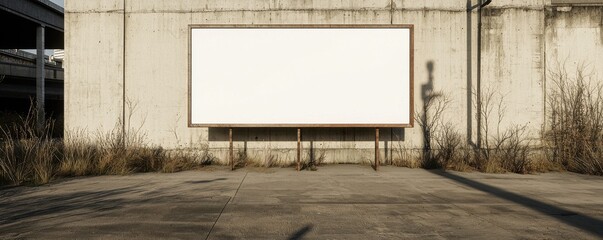 Obraz premium Blank Billboard Sign on Urban Concrete Wall Surrounded by Overgrown Grass and Shadows of Street Elements