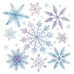 Fototapeta premium Hand-Drawn Watercolor Snowflake Composition Blue and Purple Hues, Winter Design, Snowflake Illustration Snowflakes, Winter