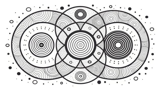 Interlocking Circles Monochrome Abstract Zentangle Composition, Mandala, Pattern, Art, Black and White Design Mandala, Zentangle