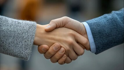 Two adults, one female and one male, Caucasian, shake hands, symbolizing trust and loyalty. A perfect image for National Loyalty Day.