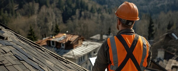 Construction Worker in Safety Gear Observing Scenic Forest View from Rooftop Amidst Ongoing Renovation Project