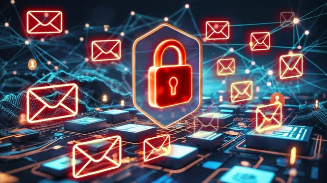 Working on a computer with holograms of phishing alert emails. Cybersecurity concept.