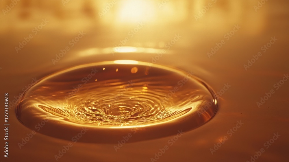 Poster a close-up of a single water drop on a smooth surface, with intricate reflections of light in the dr