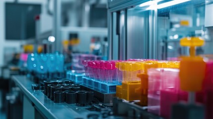 Fototapeta premium Colorful Liquid-Filled Tubes in a Modern Lab Setting