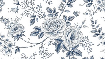 Seamless Navy Blue Rose Floral Pattern Vintage Sketch, Botanical Illustration, Textile Design, Wallpaper, Fabric Print, Flowers Floral Pattern, Vintage Design
