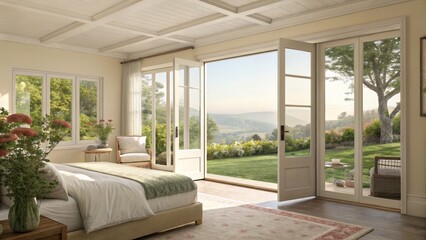 Fototapeta premium Serene Bedroom Design French Doors, Pastoral View, Tranquil Composition, Interior Design, Landscape, 3D Rendering. Interior Design, 3D Rendering