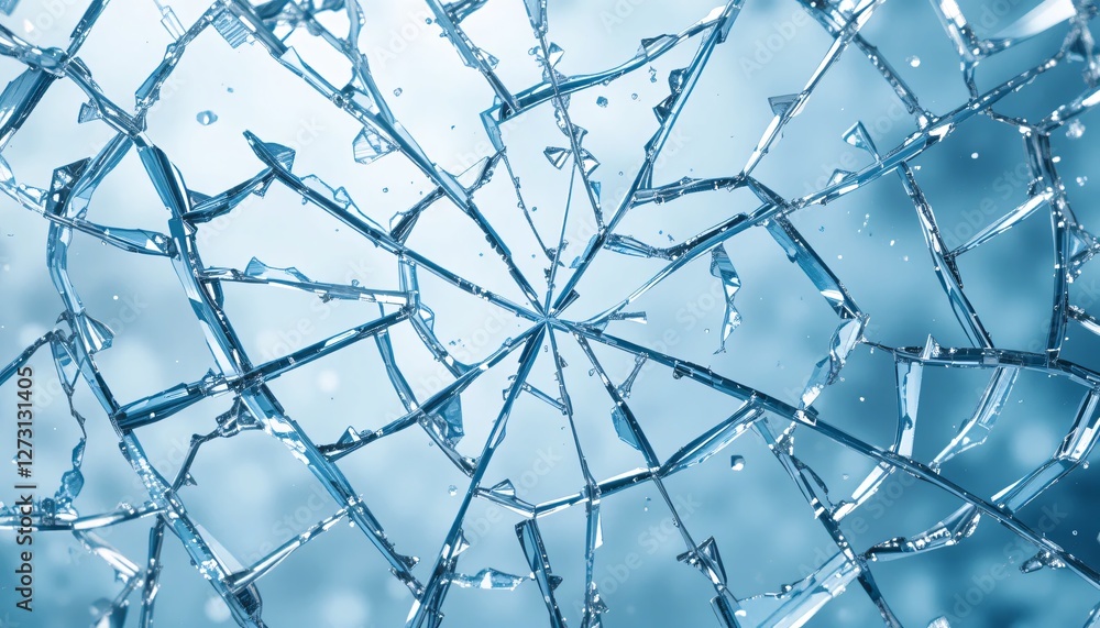 Poster shattered glass art. abstract beauty in destruction. crystalline fragments reflecting soft blue ligh