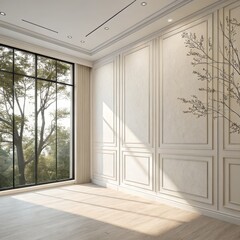 Fototapeta premium Sunlit Room with Panelled Walls and Tree View, Interior Design, 3D Render,Room Design Interior Design, 3D Rendering