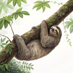 Fototapeta premium Three-toed Sloth Hanging on Tree Branch Watercolor Illustration, Rainforest Animal, Wildlife Art, Sloth Portrait Sloth, Rainforest
