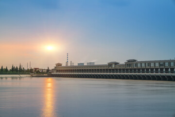 A dam and bridge with classical Chinese design elements in Yangzhou, China, on September 30, 2023