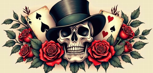 A striking illustration featuring a skull in a top hat surrounded by poker cards and roses, perfect for themes of gambling, tattoos, or vintage design.