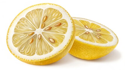 Two Halved Lemons Digital Painting, Close-up, Citrus Fruit, Vibrant Yellow, Seed Details, Realistic Illustration Lemon, Citrus