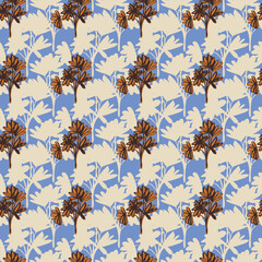 Twigs and leaves seamless pattern.Endless vector botanical ornament.Beige silhouettes of branches, orange flower with linear outline on blue background.