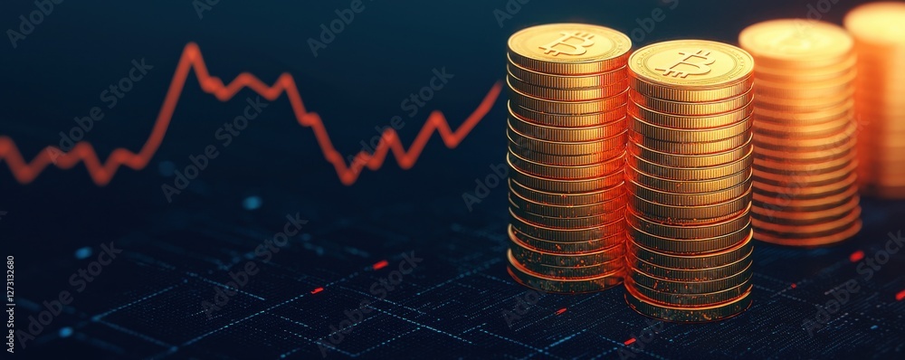 Poster stacked golden coins with cryptocurrency symbols surrounded by financial graphs and data analysis ba