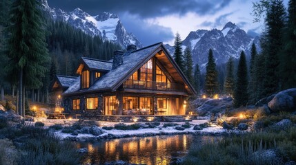 Fototapeta premium Cozy Cabin Getaway: Mountain Lodge at Night