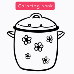 Coloring book for children, coloring page with pot with flowers, vector illustration available for printing