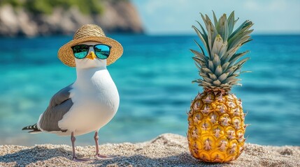 Seagull wearing a straw hat and sunglasses perched on a pine tree branch in bright daylight