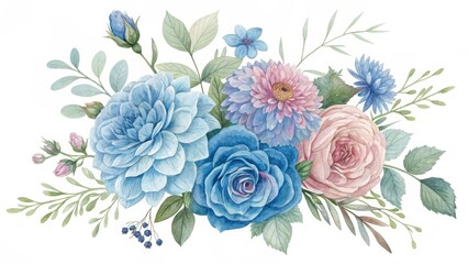 Watercolor Floral Bouquet Pastel Roses, Dahlias and Blue Flowers, Botanical Illustration, Wedding Design, Floral Arrangement wedding invitation, watercolor art