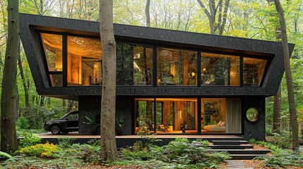 Fototapeta premium Modern architectural house in a serene forest setting with autumn foliage
