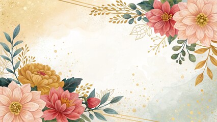 Watercolor Floral Corner Border Gold, Blush and Beige Dahlias, Watercolor Background, Elegant Design Floral Design, Dahlia