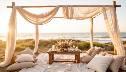 Romantic beach picnic setup with canopy at sunset