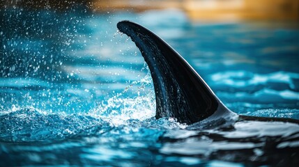 Fototapeta premium A close-up of an orcaâ€™s dorsal fin cutting through the water