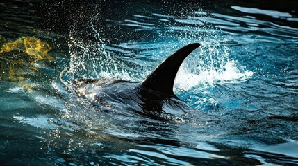 Fototapeta premium A close-up of an orcaâ€™s dorsal fin cutting through the water