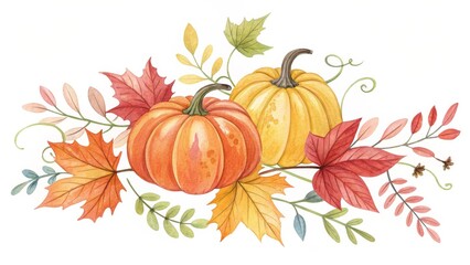 Naklejka premium Watercolor Pumpkins and Autumn Leaves Composition Fall Harvest Illustration, Autumn, Watercolor Painting Pumpkin, Fall