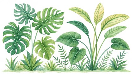Watercolor Tropical Foliage Composition Monstera, Banana and More, Tropical Plants, Botanical Illustration Tropical plants, watercolor painting