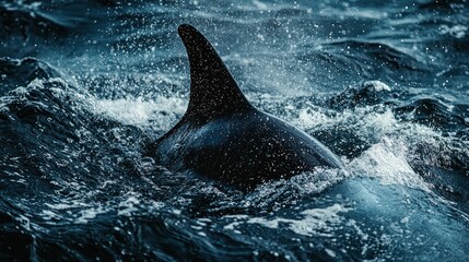 Fototapeta premium A close-up of an orcaâ€™s dorsal fin cutting through the water