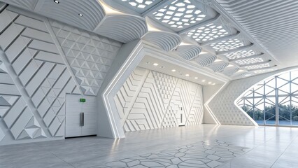 Obraz premium White Geometric Hallway 3D Render, Architectural Design, Modern Interior, Abstract Walls, Ceiling Details Architectural visualization, Interior design