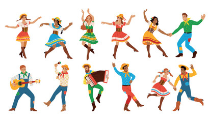 Festa junina participants. People at harvest festival, traditional clothes men, women dancing and singing, folklore holiday, happy folk characters, cartoon flat isolated tidy vector set