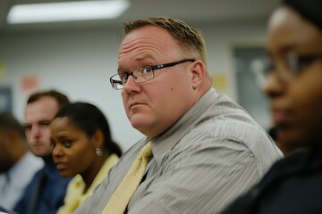 A manager informs employees about upcoming department mergers as they listen with mixed emotions