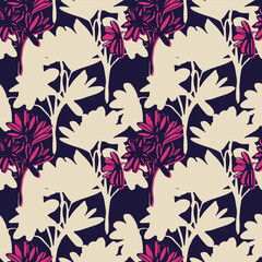 Abstract botanical pattern. Vector seamless ornament with flowers and leaves on dark purple background. Trendy design in retro style.