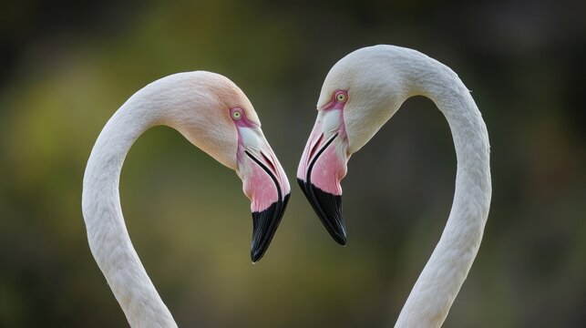 A close-up of flamingos interacting, forming heart shapes with their long necks