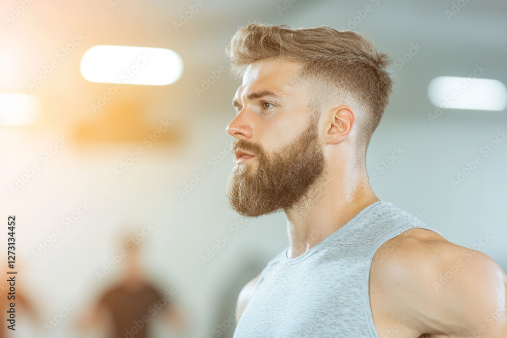 Poster dynamic side view of a runner on a treadmill, highlighting movement in a bright studio environment,