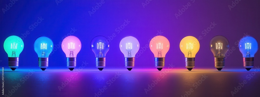 Poster colorful light bulbs displayed in a gradient pattern on a dark background