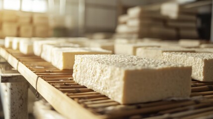 Creamy White Tofu Blocks on Bamboo Shelf, Dairy-Free Cheese Production
