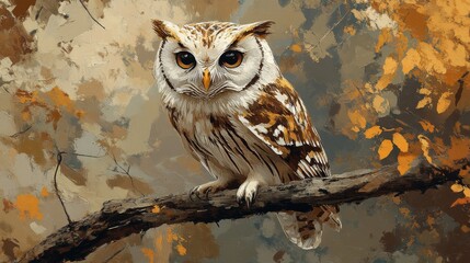 A horned owl perches on branch surrounded by autumn leaves. Illustration in autumn hues. International Owl Awareness Day