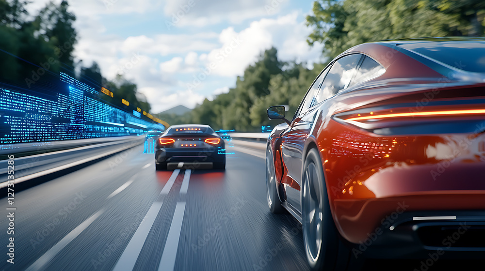 Aufkleber self-driving vehicles navigating a multilane futuristic highway in a high-tech environment a dynamic