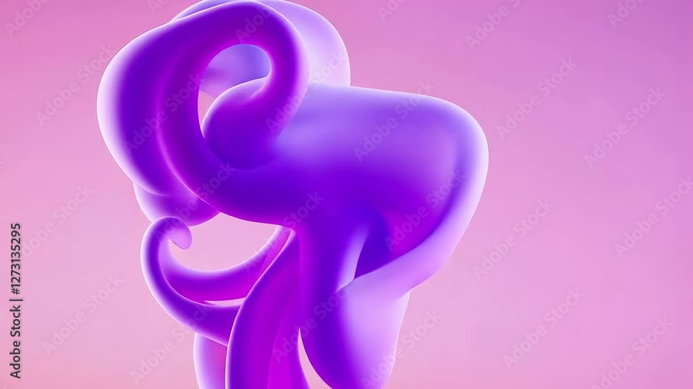 Poster abstract purple fluid shape and vibrant 3d sculpture against pink gradient background dynamic motion