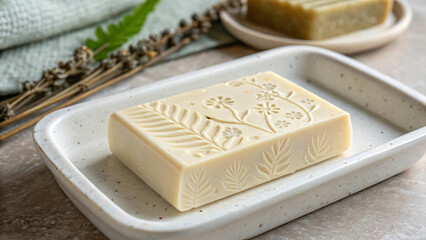 Elegant Handcrafted Soap with Floral Design on Natural Stoneware Dish and Greenery