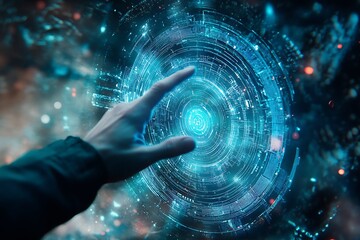 Digital transformation, futuristic technology interface, gears icon, interconnected network, data analytics, cloud computing, business process automation, human hand interaction