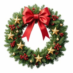Festive Holiday Evergreen Wreath Adorned with Red Bow Gold Stars and Berries Celebratory Spirit