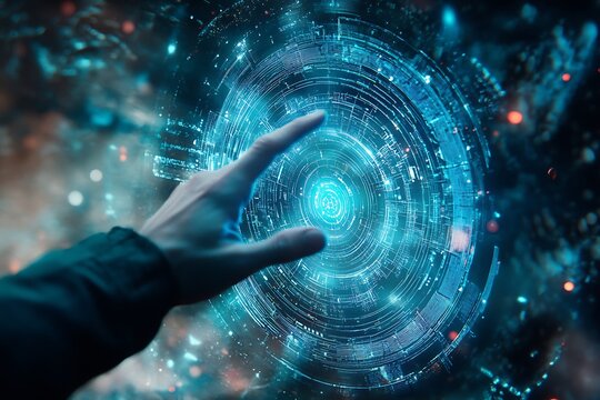 Digital transformation, futuristic technology interface, gears icon, interconnected network, data analytics, cloud computing, business process automation, human hand interaction