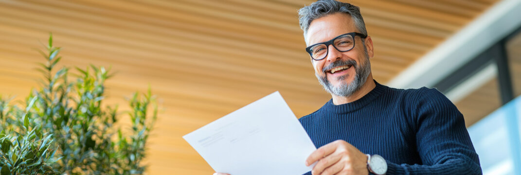 Clean, high-key shot of an upbeat realtor showing a house flyer, framed in a minimalist composition,